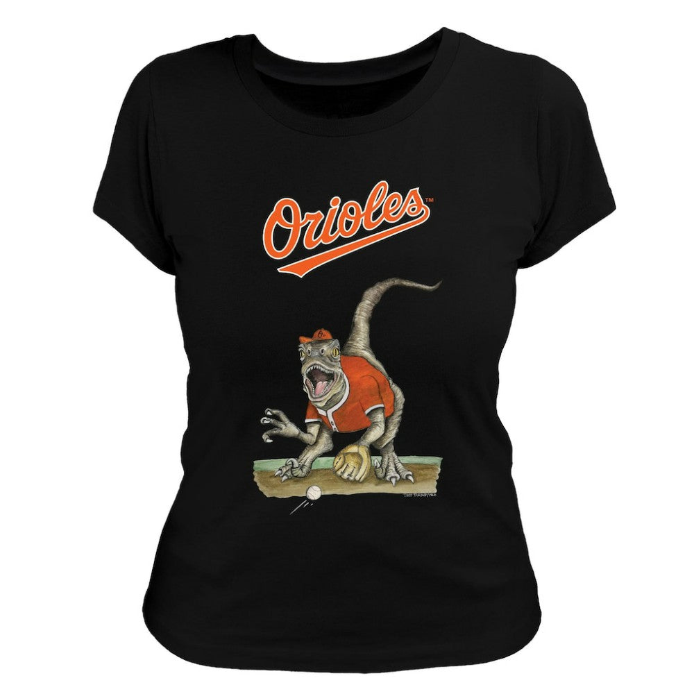 Black Baltimore Orioles Tiny Turnip Women's Velociraptor T-Shirt