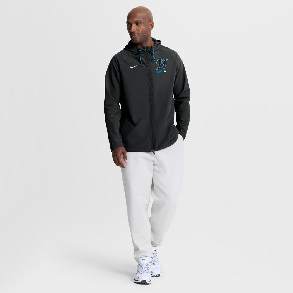 Black Miami Marlins Nike Authentic Collection Raglan Therma-FIT Full-Zip Hooded Jacket