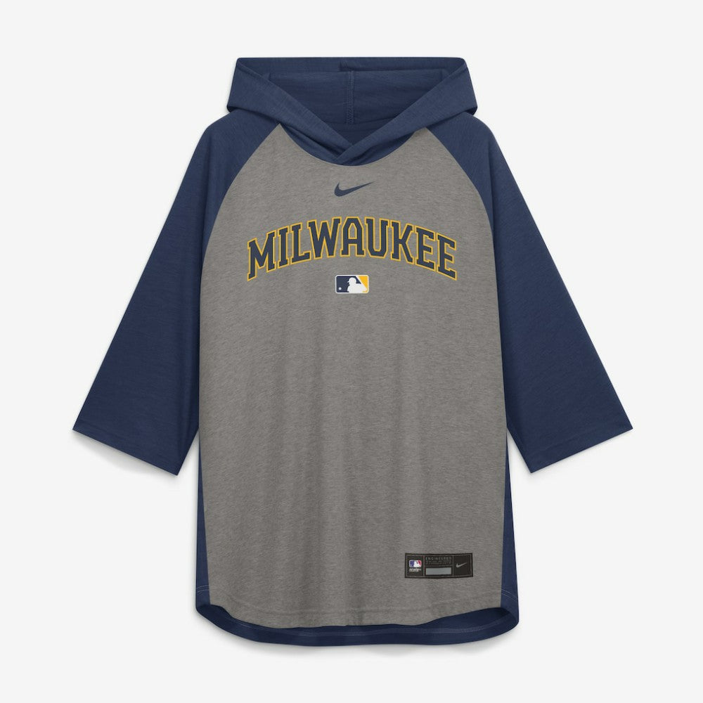 Gray Milwaukee Brewers Nike Authentic Collection Flux Dri-FIT Raglan 3/4-Sleeve Hooded T-Shirt