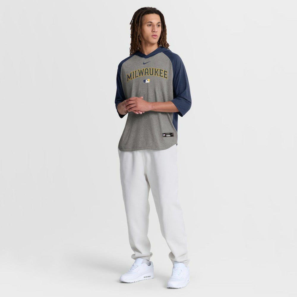 Gray Milwaukee Brewers Nike Authentic Collection Flux Dri-FIT Raglan 3/4-Sleeve Hooded T-Shirt