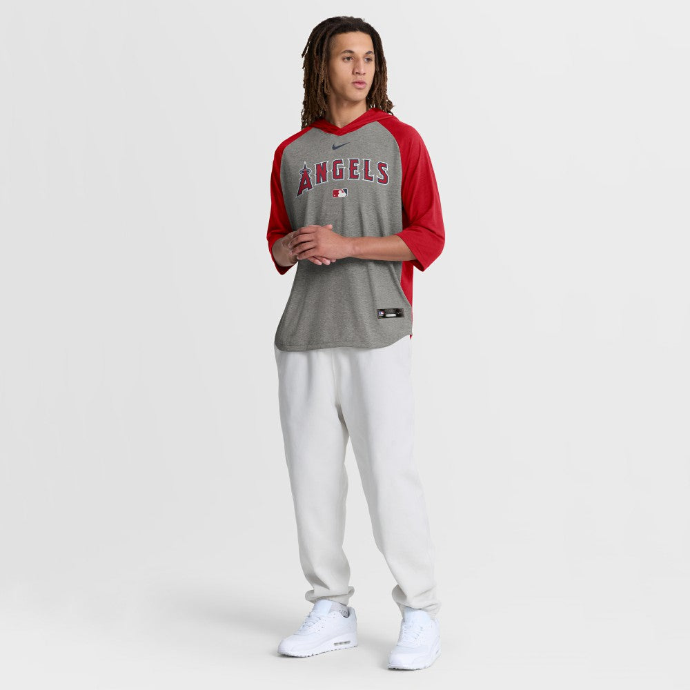 Gray Los Angeles Angels Nike Authentic Collection Flux Dri-FIT Raglan 3/4-Sleeve Hooded T-Shirt