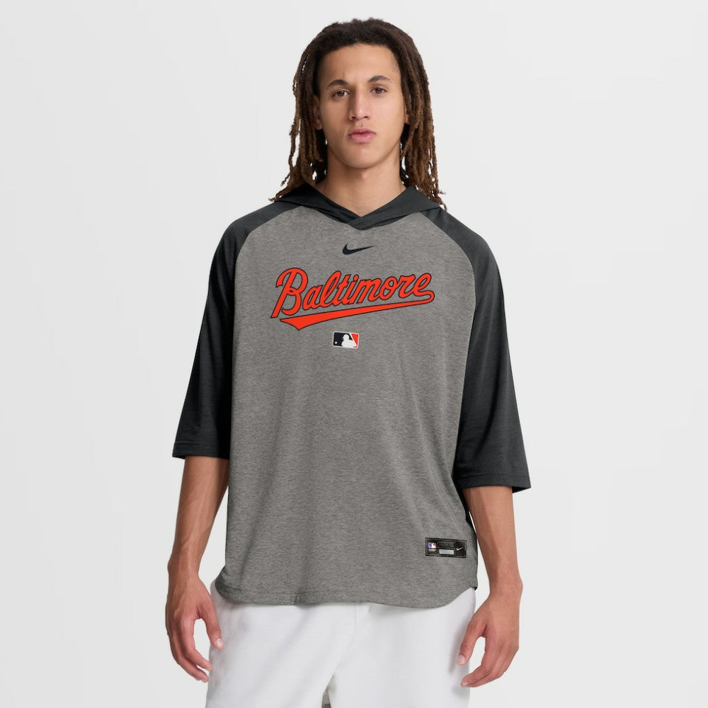 Gray Baltimore Orioles Nike Authentic Collection Flux Dri-FIT Raglan 3/4-Sleeve Hooded T-Shirt