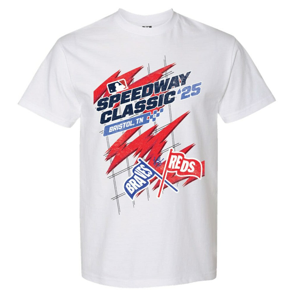 White Cincinnati Reds vs. Atlanta Braves The Wild Collective Women's 2025 Speedway Classic Flags T-Shirt