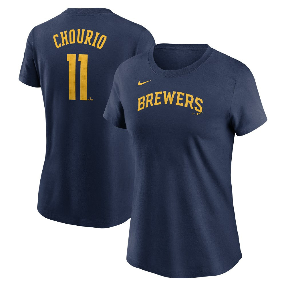 Navy Jackson Chourio Milwaukee Brewers Nike Women's Cooperstown Collection Fuse Name & Number T-Shirt