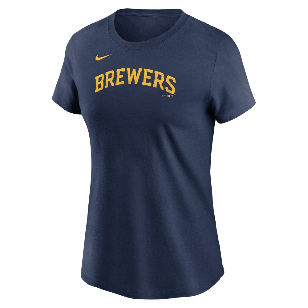 Navy Jackson Chourio Milwaukee Brewers Nike Women's Cooperstown Collection Fuse Name & Number T-Shirt