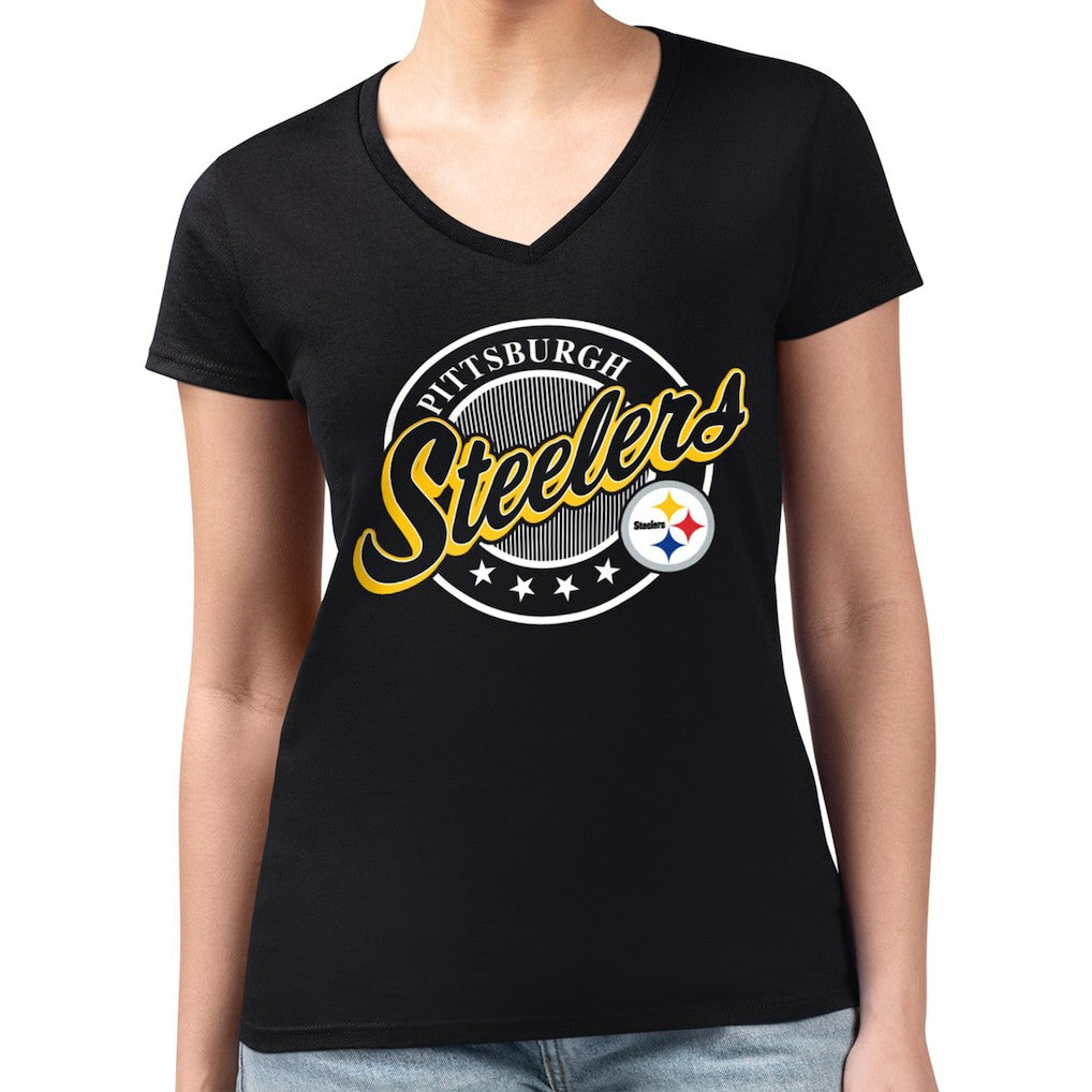 G-III 4Her by Carl Banks Women's Super-Slim Fit Lightweight Pinstripe Circle V-Neck T-Shirt - Pittsburgh Steelers T-shirts