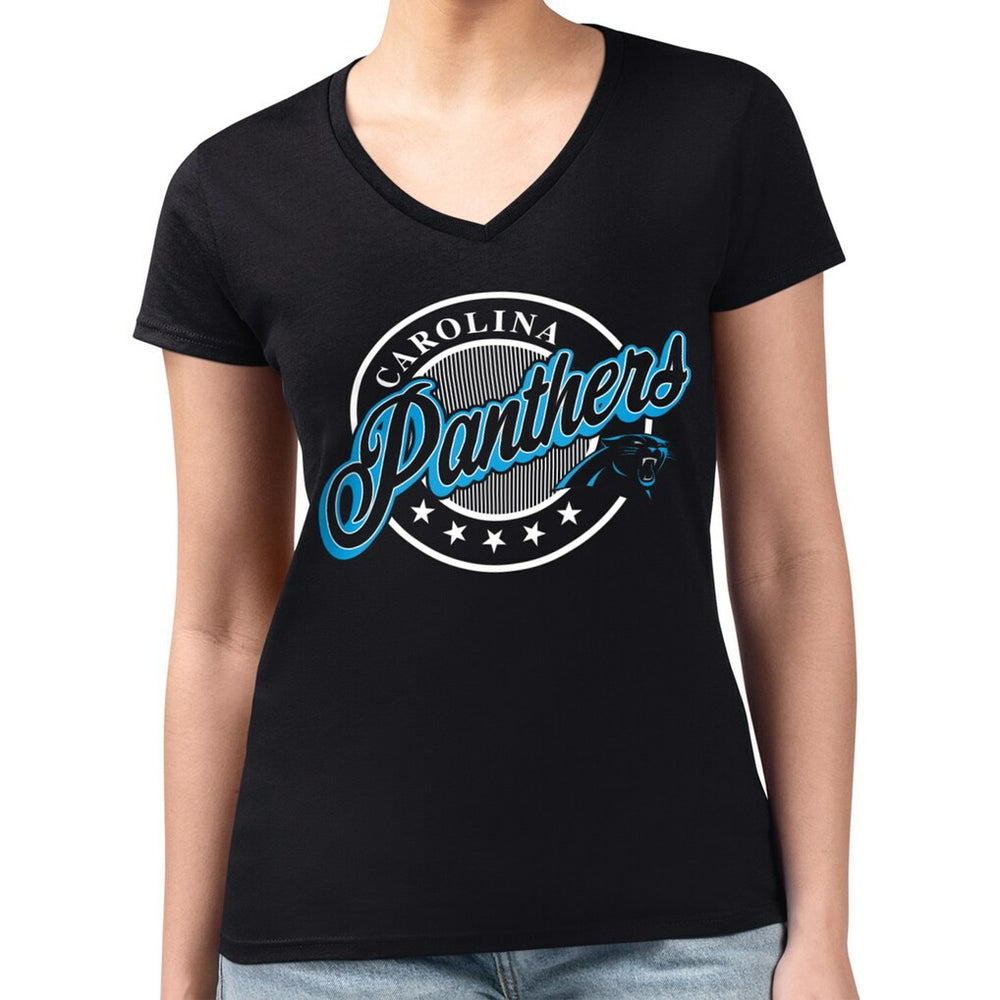 G-III 4Her by Carl Banks Women's Super-Slim Fit Lightweight Pinstripe Circle V-Neck T-Shirt - Carolina Panthers T-shirts