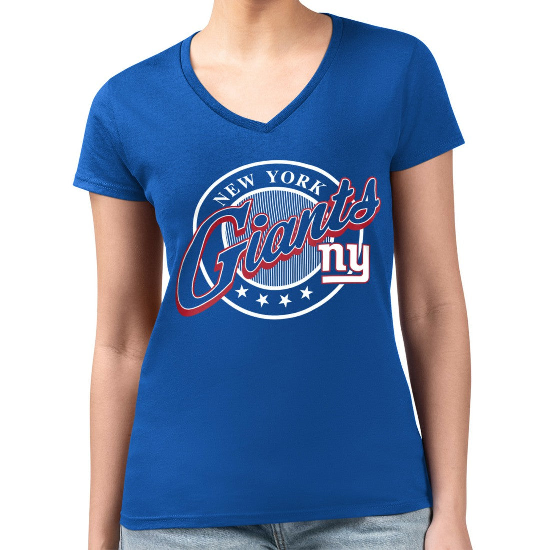 G-III 4Her by Carl Banks Women's Super-Slim Fit Lightweight Pinstripe Circle V-Neck T-Shirt - New York Giants T-shirts