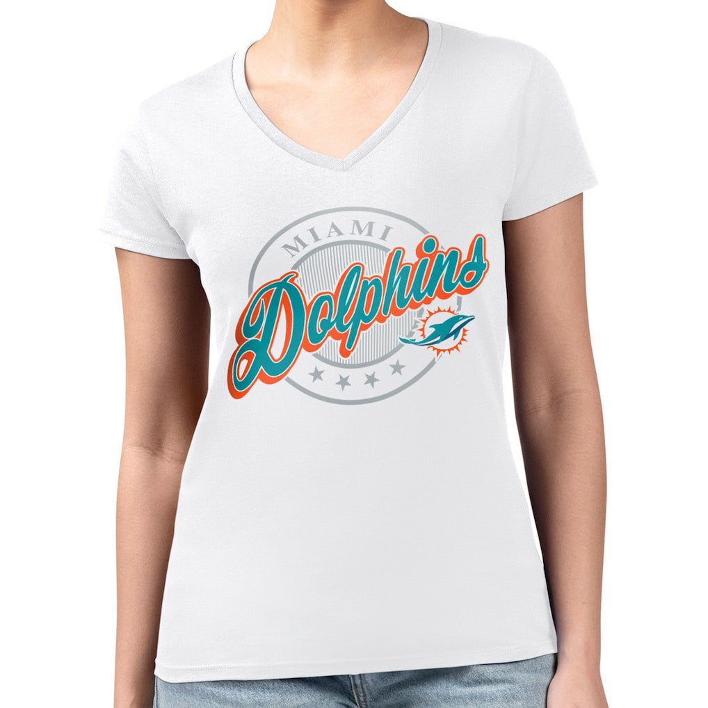 G-III 4Her by Carl Banks Women's Super-Slim Fit Lightweight Pinstripe Circle V-Neck T-Shirt - Miami Dolphins T-shirts