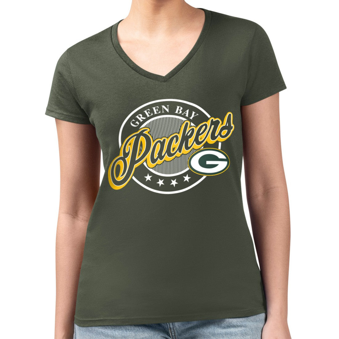 G-III 4Her by Carl Banks Women's Super-Slim Fit Lightweight Pinstripe Circle V-Neck T-Shirt - Green Bay Packers T-shirts