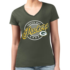 G-III 4Her by Carl Banks Women's Super-Slim Fit Lightweight Pinstripe Circle V-Neck T-Shirt - Green Bay Packers T-shirts