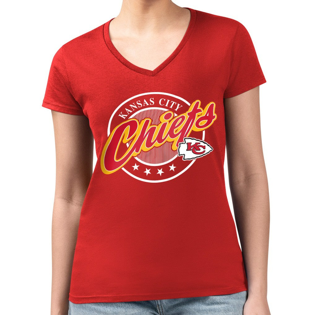 G-III 4Her by Carl Banks Women's Super-Slim Fit Lightweight Pinstripe Circle V-Neck T-Shirt - Kansas City Chiefs T-shirts