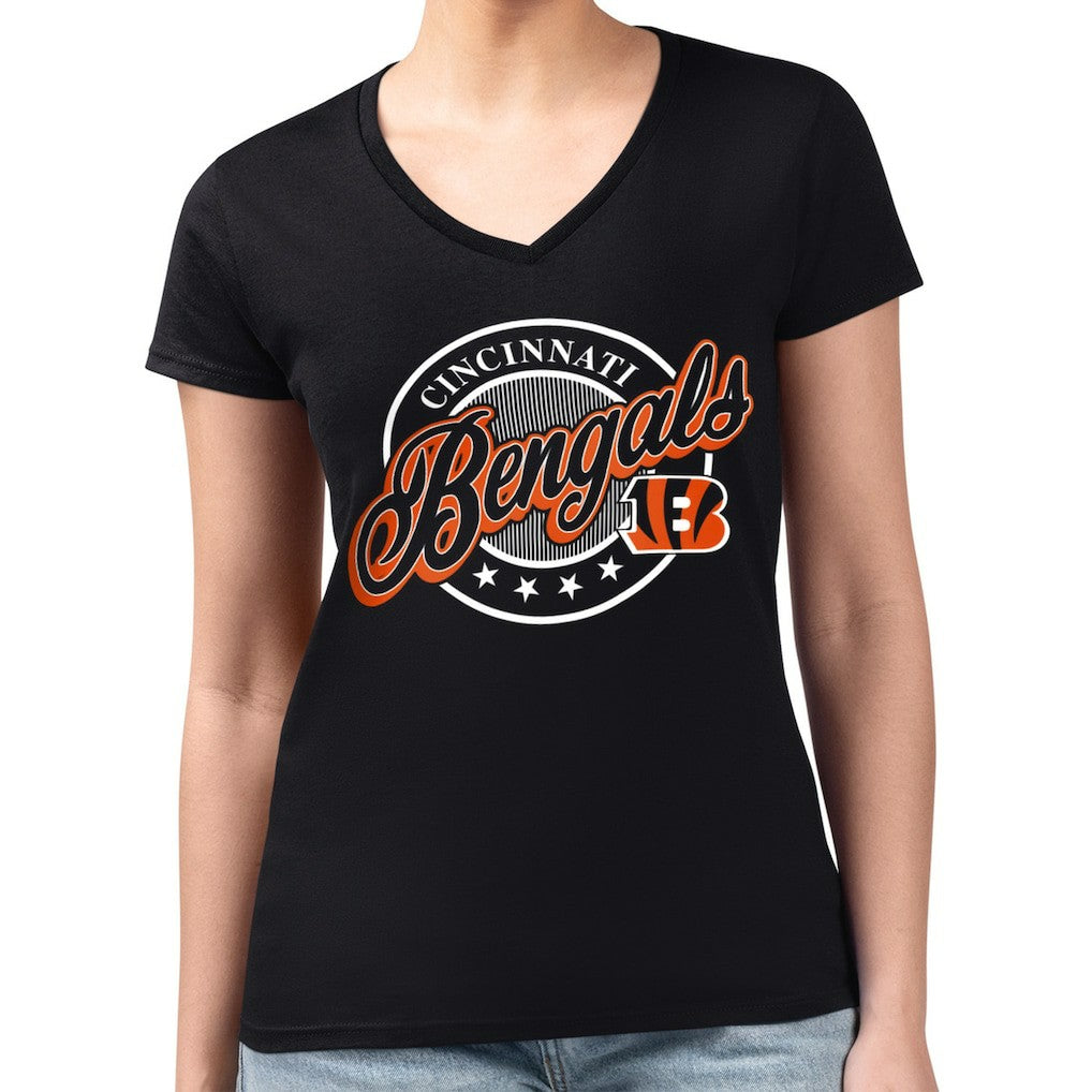 G-III 4Her by Carl Banks Women's Super-Slim Fit Lightweight Pinstripe Circle V-Neck T-Shirt - Cincinnati Bengals T-shirts