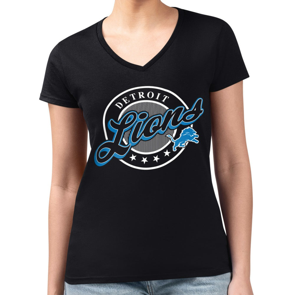 G-III 4Her by Carl Banks Women's Super-Slim Fit Lightweight Pinstripe Circle V-Neck T-Shirt - Detroit Lions T-shirts