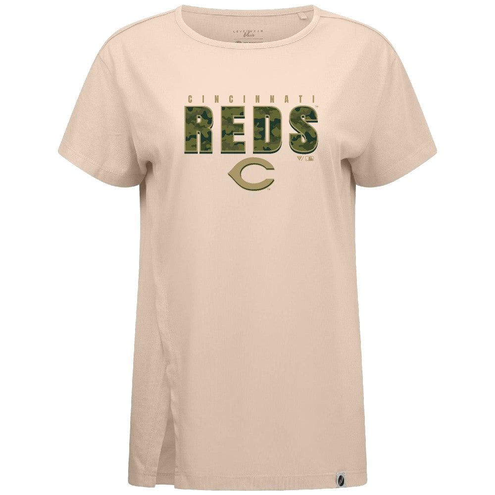 Khaki Cincinnati Reds Levelwear Women's Influx Protect W T-Shirt