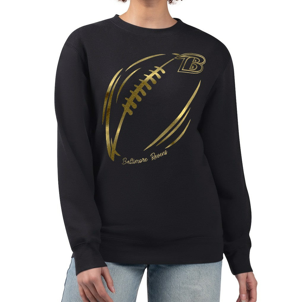 G-III 4Her by Carl Banks Women's Metallic Print Football Sketch Fleece Crewneck Sweatshirt - Baltimore Ravens Sweatshirts
