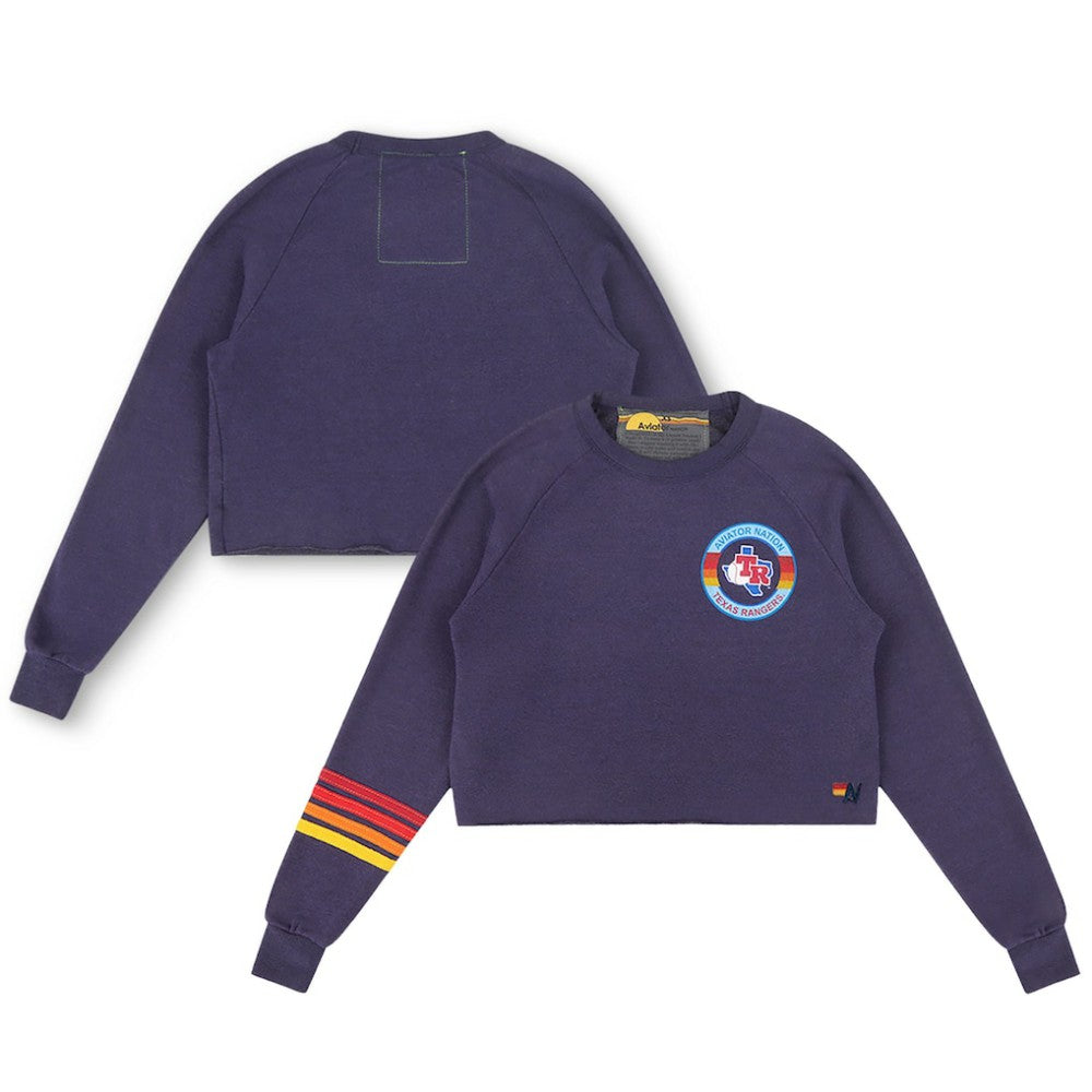 Navy Texas Rangers Aviator Nation x MLB Women's Rugby Stitch Cropped Tri-Blend Pullover Sweatshirt