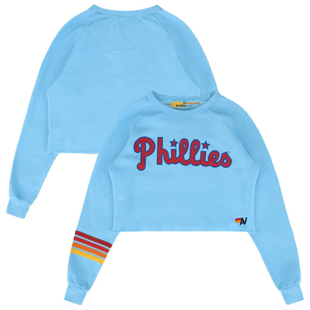 Light Blue Philadelphia Phillies Aviator Nation x MLB Women's Rugby Stitch Cropped Tri-Blend Sweatshirt