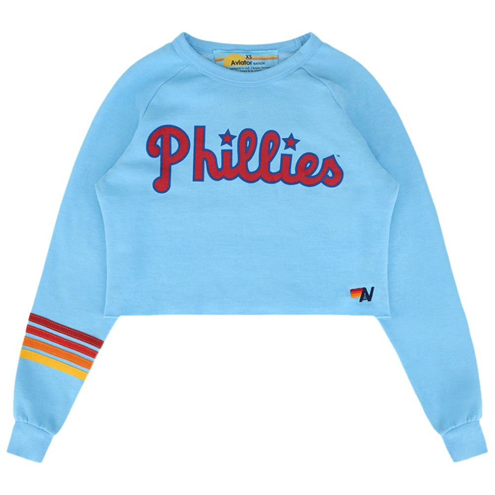 Light Blue Philadelphia Phillies Aviator Nation x MLB Women's Rugby Stitch Cropped Tri-Blend Sweatshirt