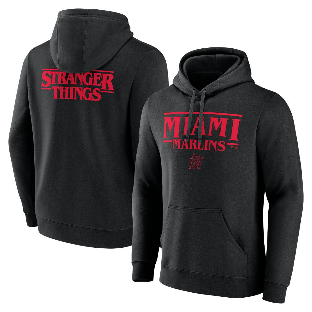 Black Miami Marlins Stranger Things Logo Lockup Pullover Hoodie