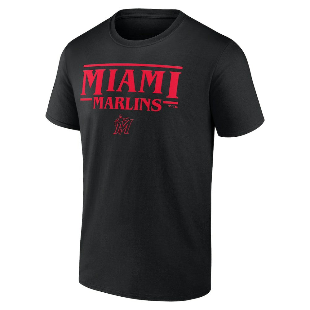 Black Miami Marlins Stranger Things Logo Lockup T-Shirt