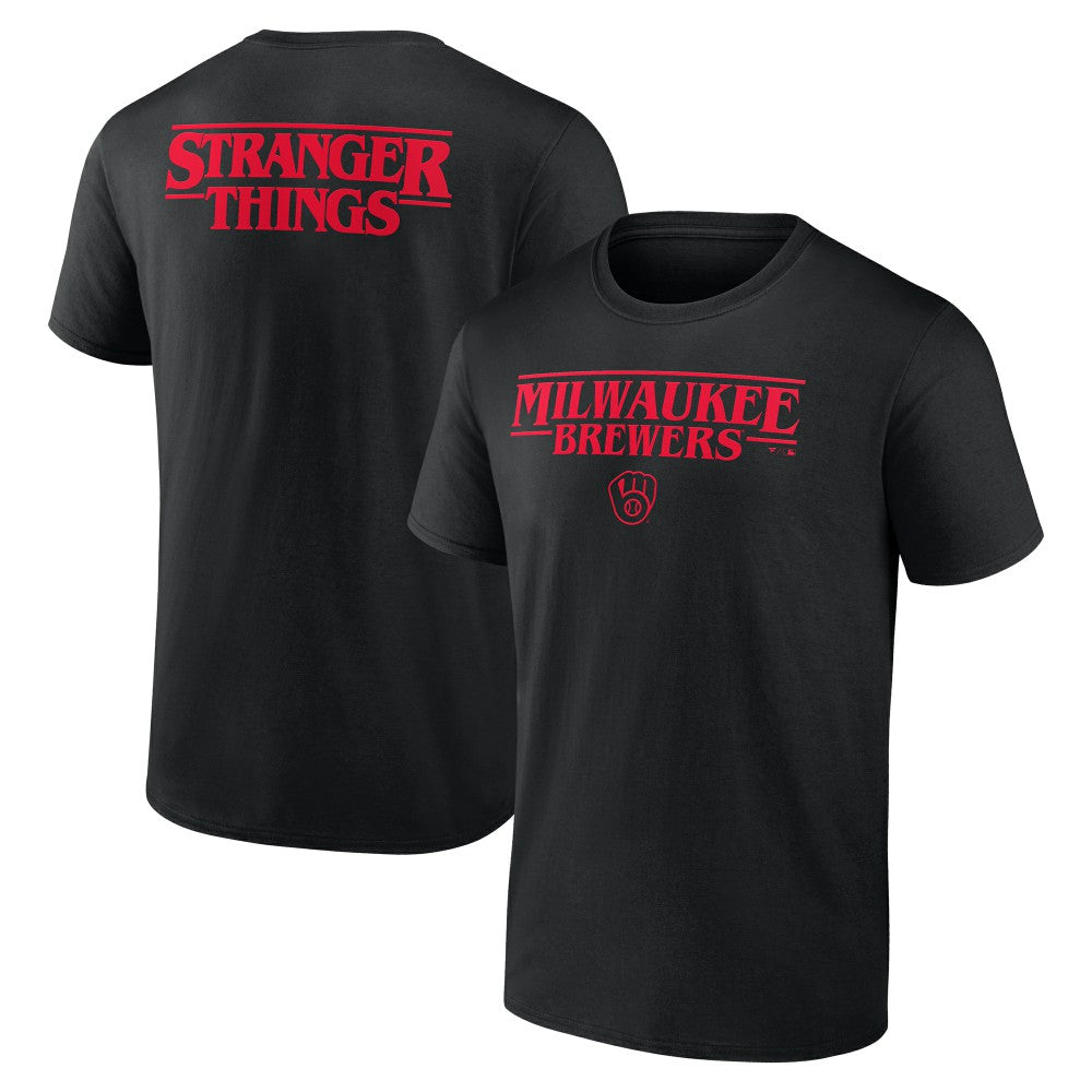 Black Milwaukee Brewers Stranger Things Logo Lockup T-Shirt