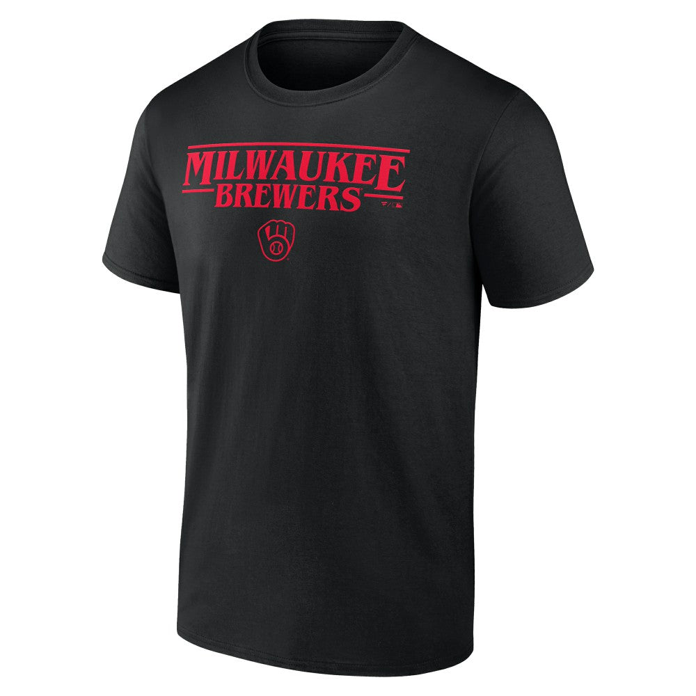 Black Milwaukee Brewers Stranger Things Logo Lockup T-Shirt