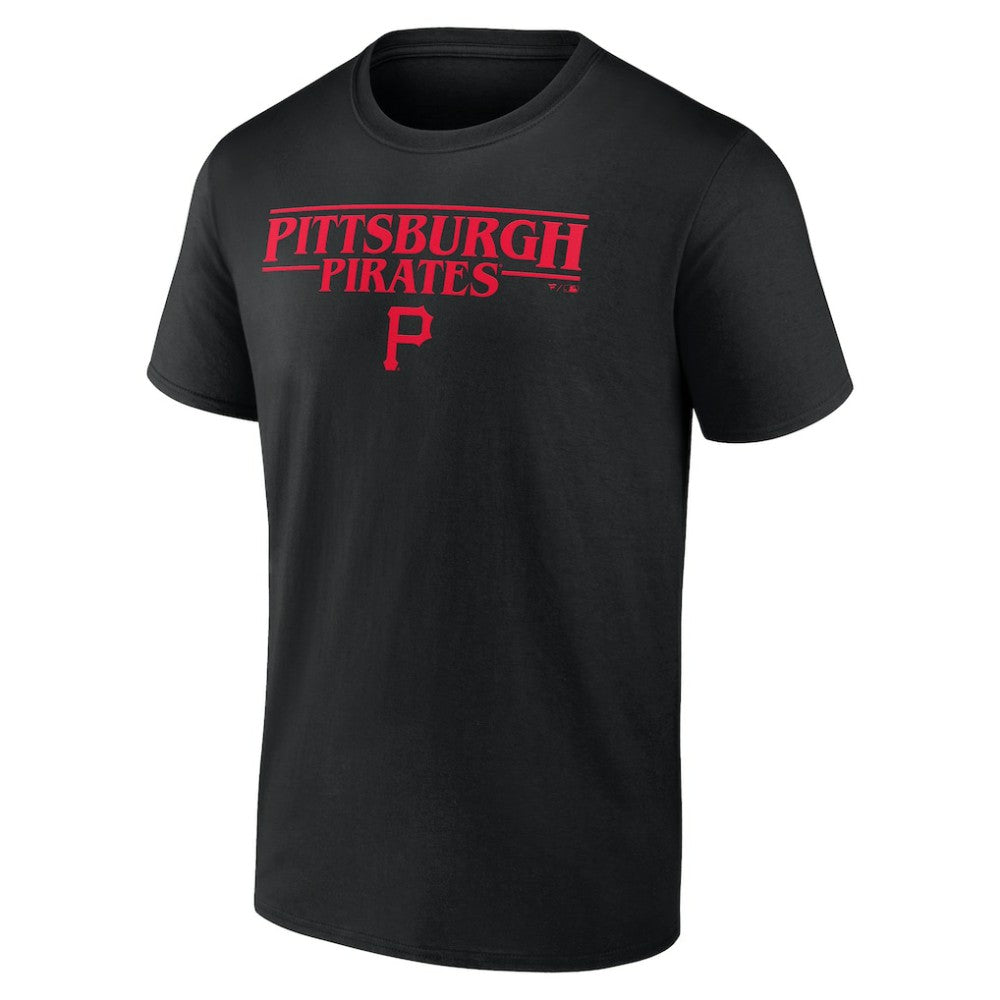 Black Pittsburgh Pirates Stranger Things Logo Lockup T-Shirt