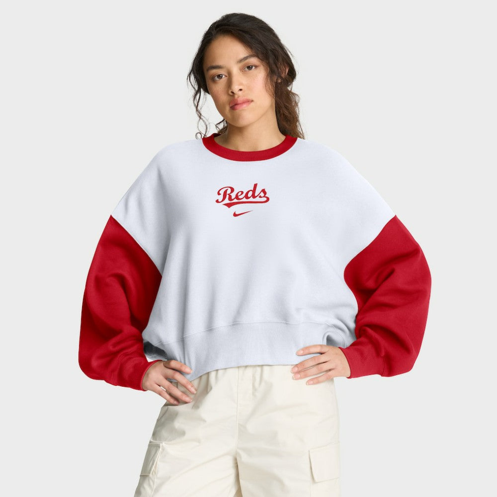White/Red Cincinnati Reds Nike Women's Oversized High Hip Fleece Sweatshirt