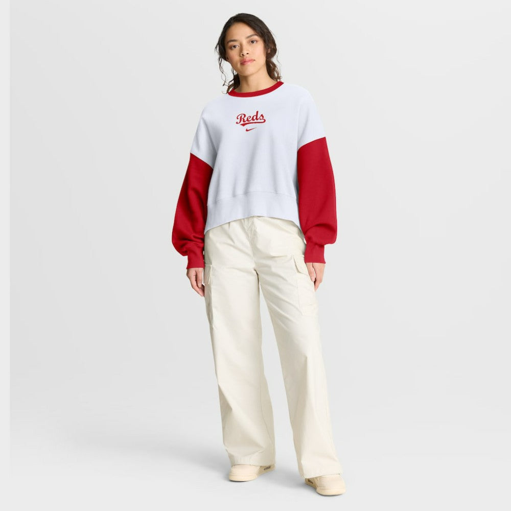 White/Red Cincinnati Reds Nike Women's Oversized High Hip Fleece Sweatshirt