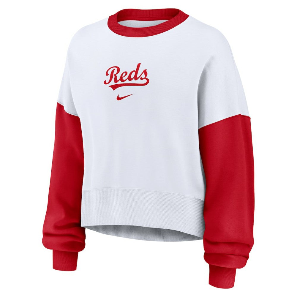 White/Red Cincinnati Reds Nike Women's Oversized High Hip Fleece Sweatshirt