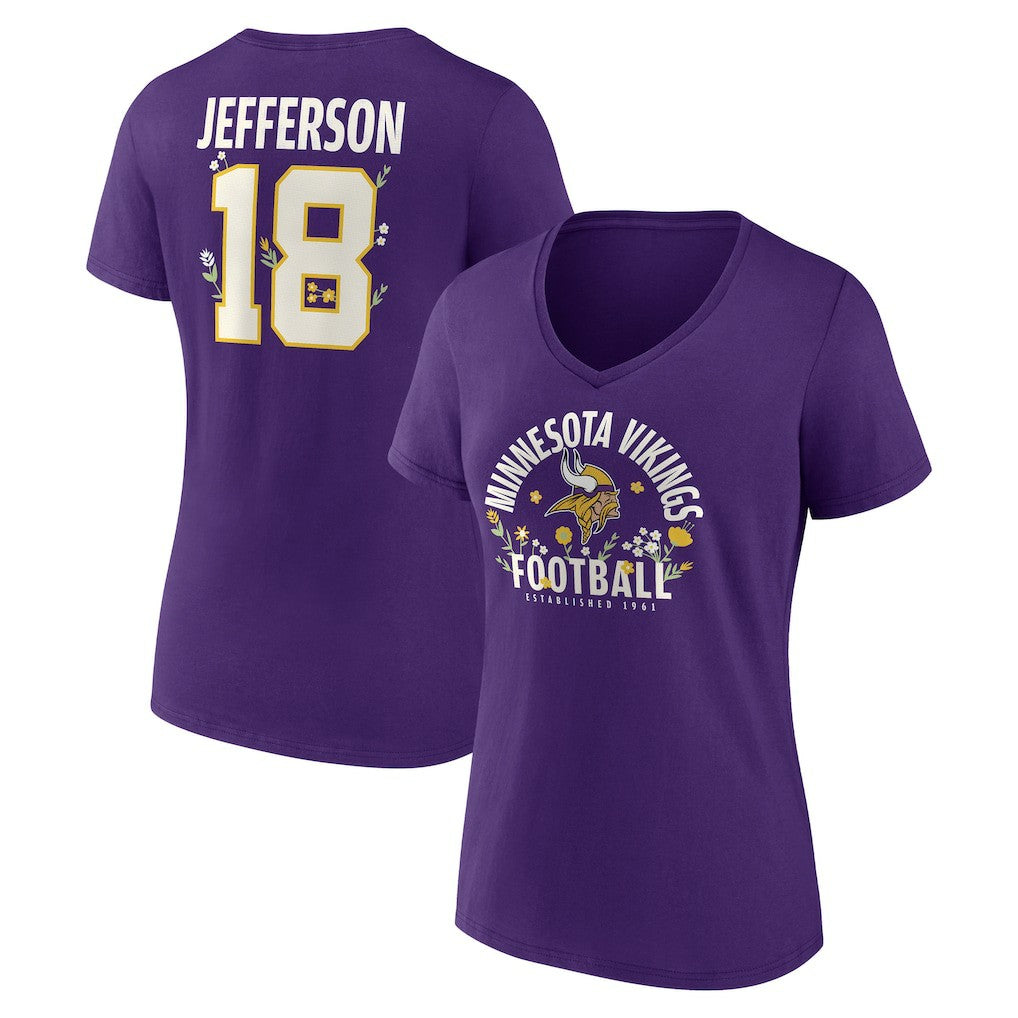 Justin Jefferson  Women's Floral Name & Number V-Neck T-Shirt - Minnesota Vikings T-shirts