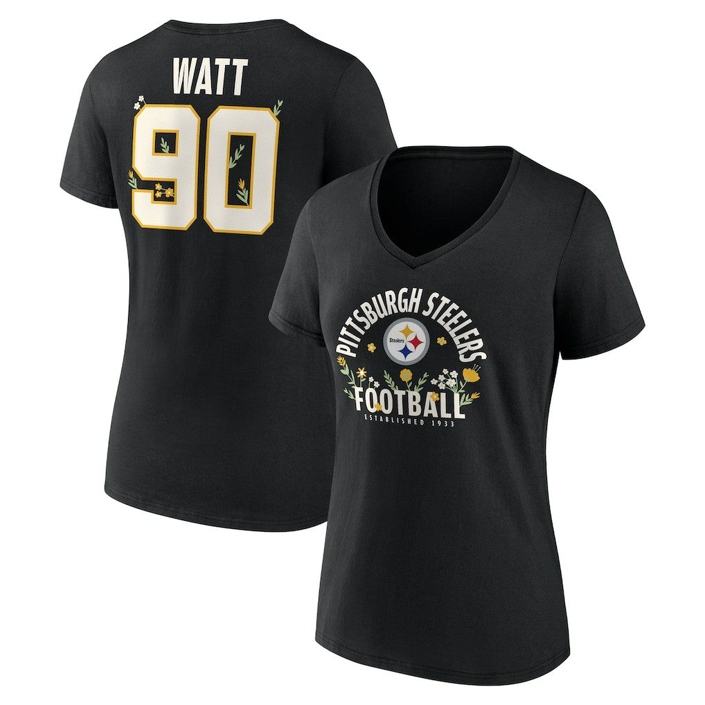 T.J. Watt  Women's Floral Name & Number V-Neck T-Shirt - Pittsburgh Steelers T-shirts