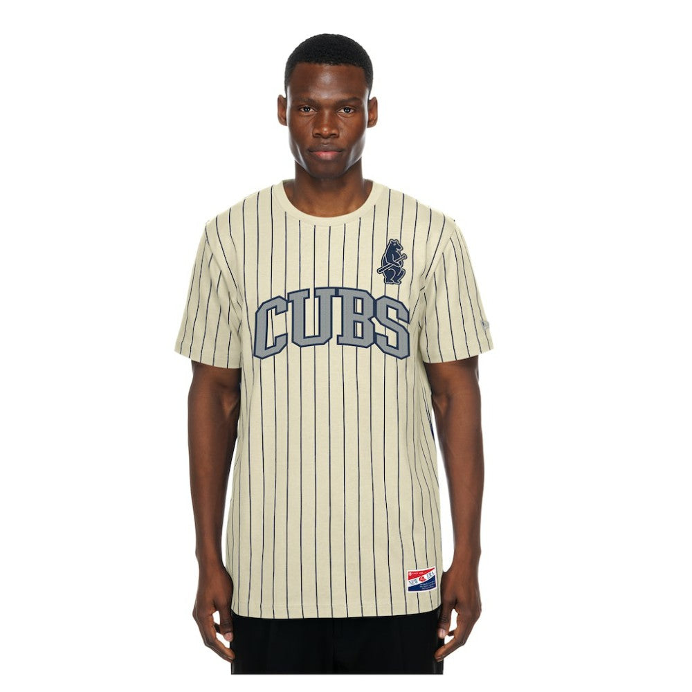 Cream Chicago Cubs New Era Throwback Meshback Pinstripe T-Shirt