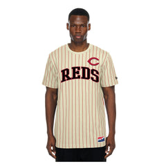 Cream Cincinnati Reds New Era Throwback Meshback Pinstripe T-Shirt