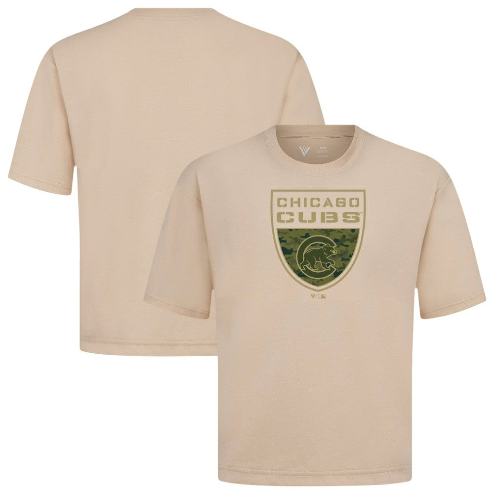 Khaki Chicago Cubs Levelwear Oversized Luxe Signature Knit Buckler T-Shirt