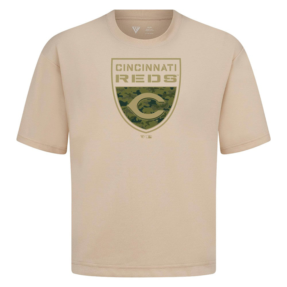 Khaki Cincinnati Reds Levelwear Oversized Luxe Signature Knit Buckler T-Shirt