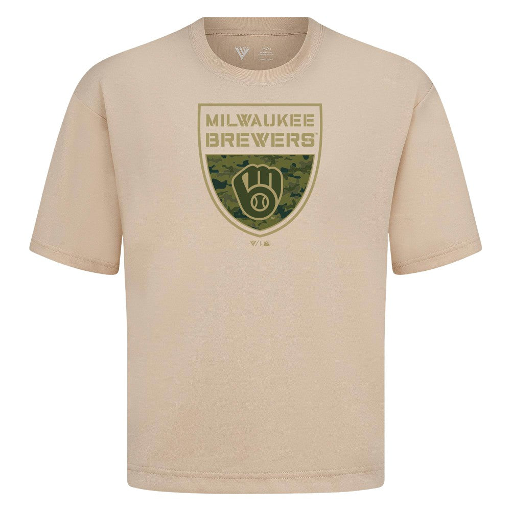 Khaki Milwaukee Brewers Levelwear Oversized Luxe Signature Knit Buckler T-Shirt