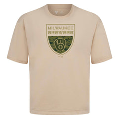 Khaki Milwaukee Brewers Levelwear Oversized Luxe Signature Knit Buckler T-Shirt