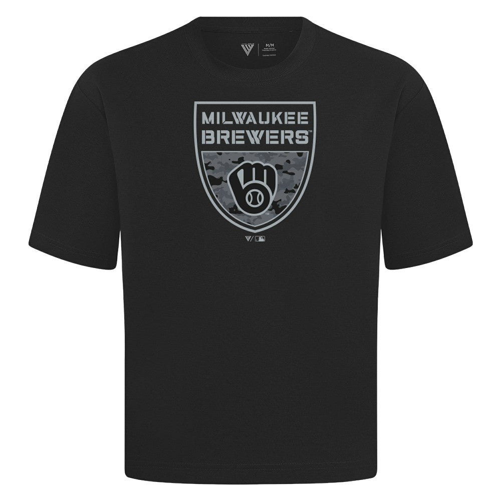 Black Milwaukee Brewers Levelwear Oversized Luxe Signature Knit Buckler T-Shirt
