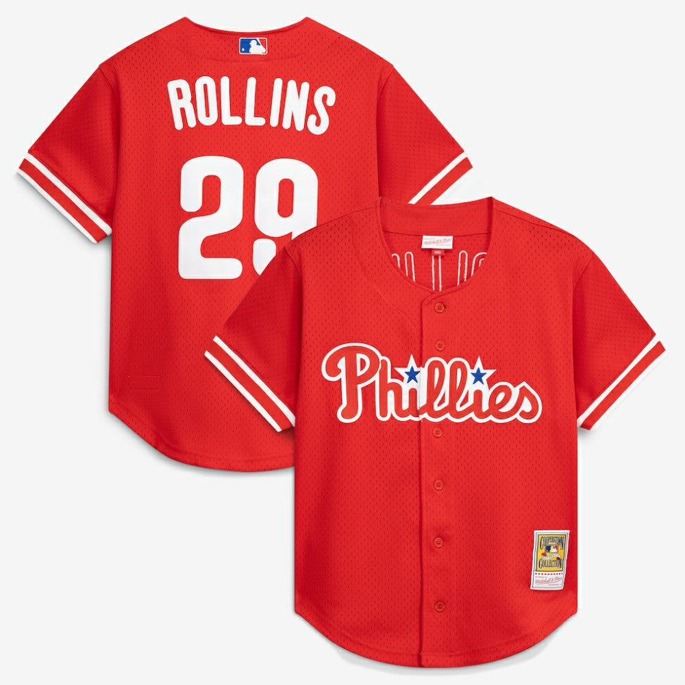 Red Jimmy Rollins Philadelphia Phillies Mitchell & Ness Cooperstown Mesh Batting Practice Button-Up Jersey