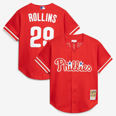 Red Jimmy Rollins Philadelphia Phillies Mitchell & Ness Cooperstown Mesh Batting Practice Button-Up Jersey