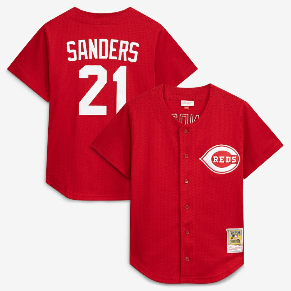 Red Deion Sanders Cincinnati Reds Mitchell & Ness Cooperstown Mesh Batting Practice Button-Up Jersey