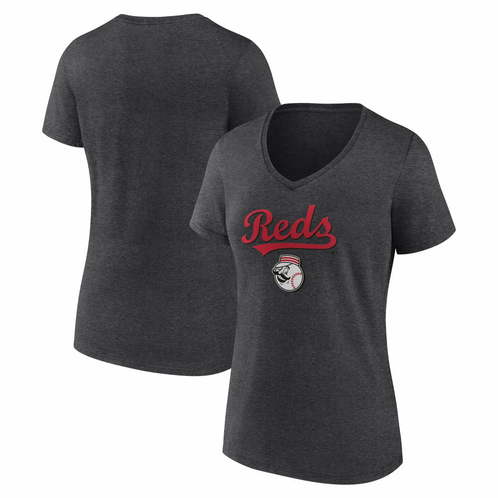 Charcoal Cincinnati Reds Women's Team Lockup V-Neck T-Shirt