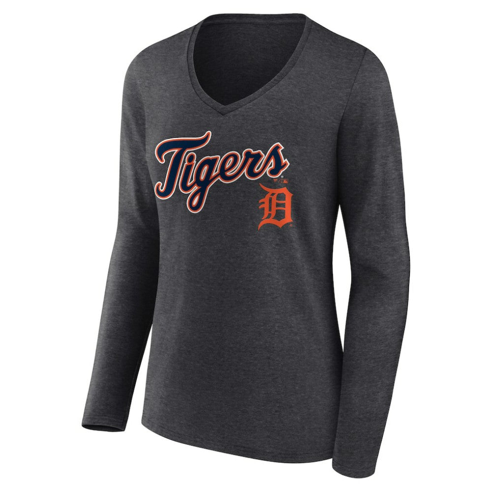 Charcoal Detroit Tigers Women's Team Lockup Long Sleeve V-Neck T-Shirt