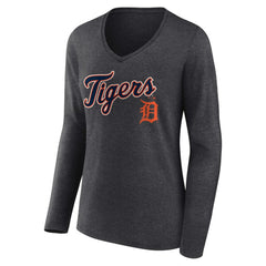 Charcoal Detroit Tigers Women's Team Lockup Long Sleeve V-Neck T-Shirt