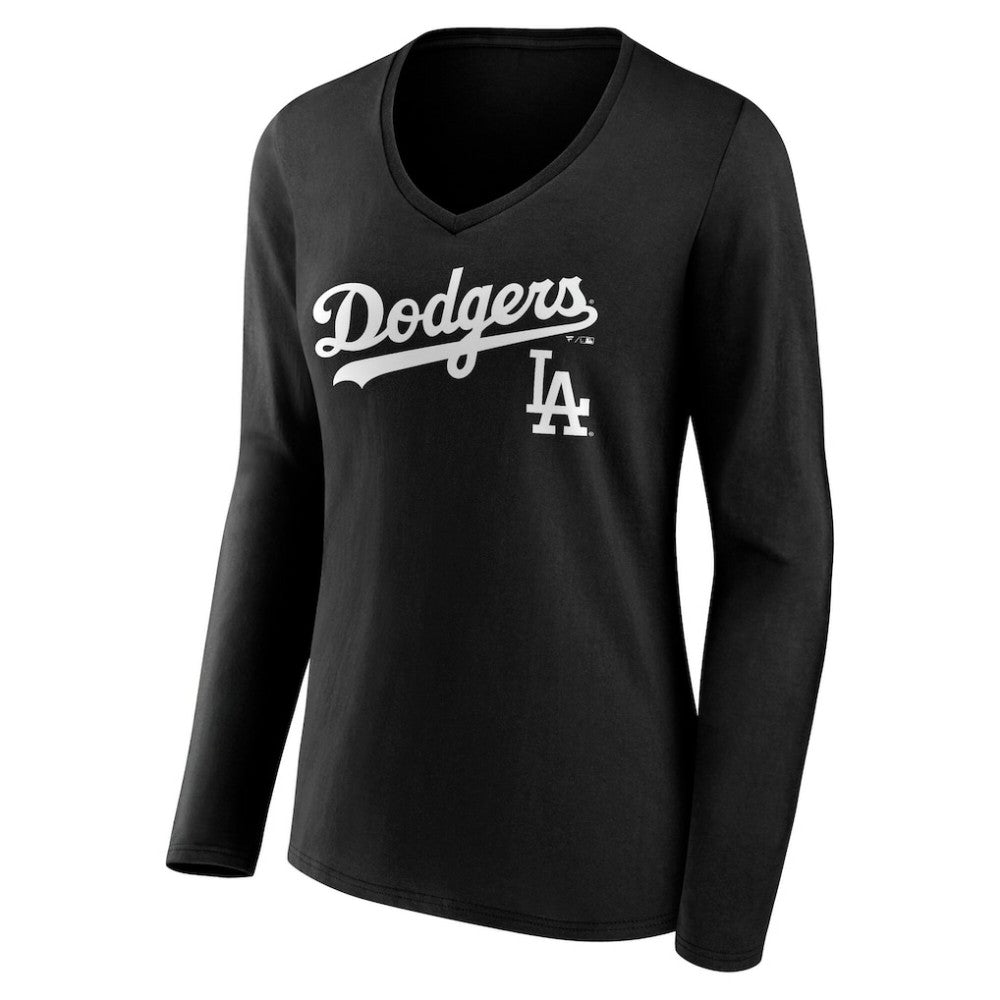 Black Los Angeles Dodgers Women's Team Lockup Long Sleeve V-Neck T-Shirt