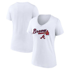 White Atlanta Braves Women's Team Lockup V-Neck T-Shirt
