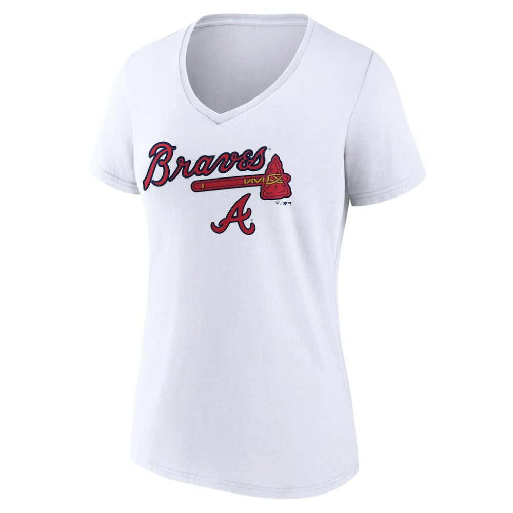 White Atlanta Braves Women's Team Lockup V-Neck T-Shirt