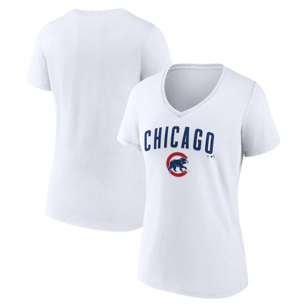 White Chicago Cubs Women's Team Lockup V-Neck T-Shirt